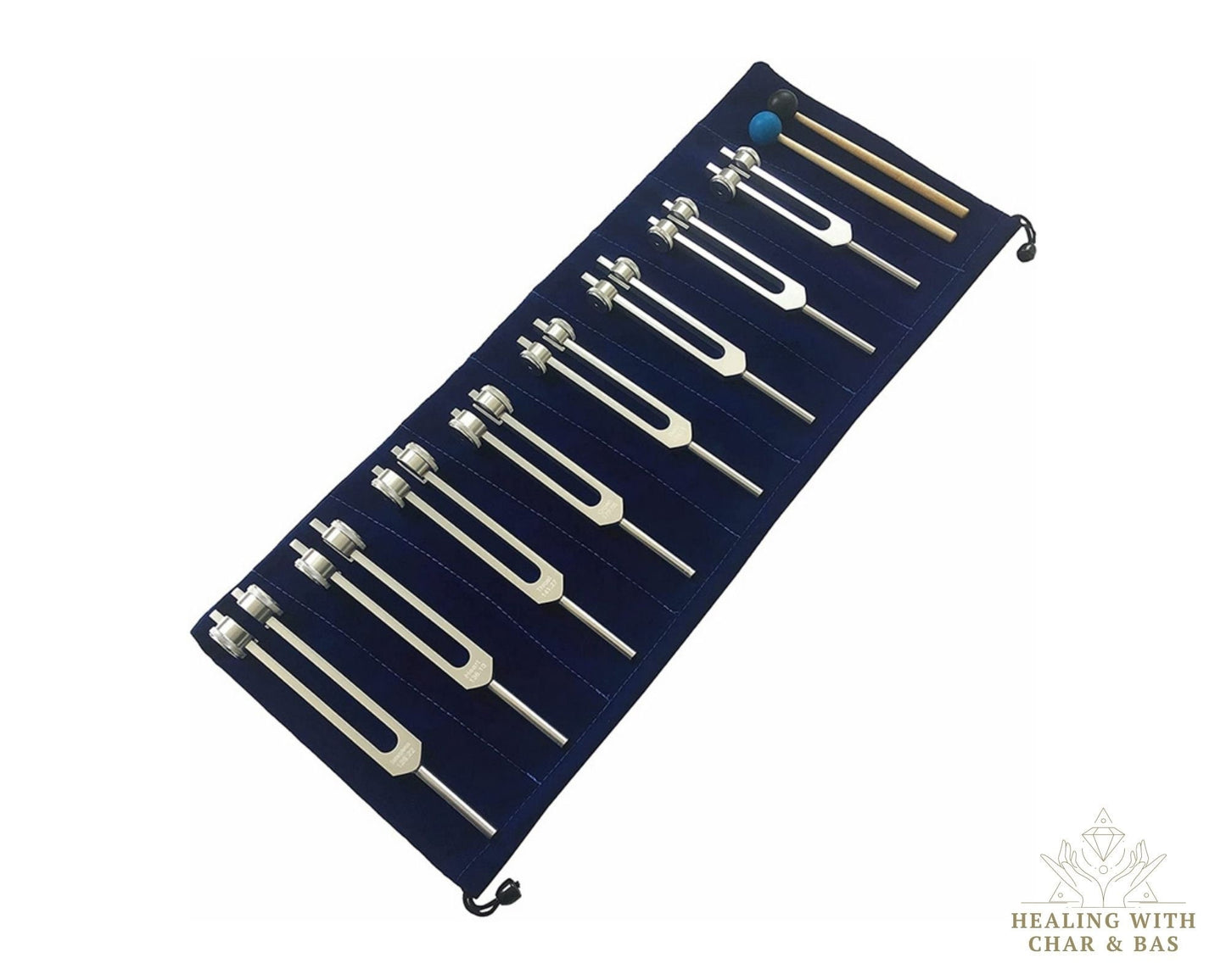 Professional 7 Chakra Healing Tuning Fork Set - Solfeggio Sound Healing - Aluminum Forks with Pouch & Hammers