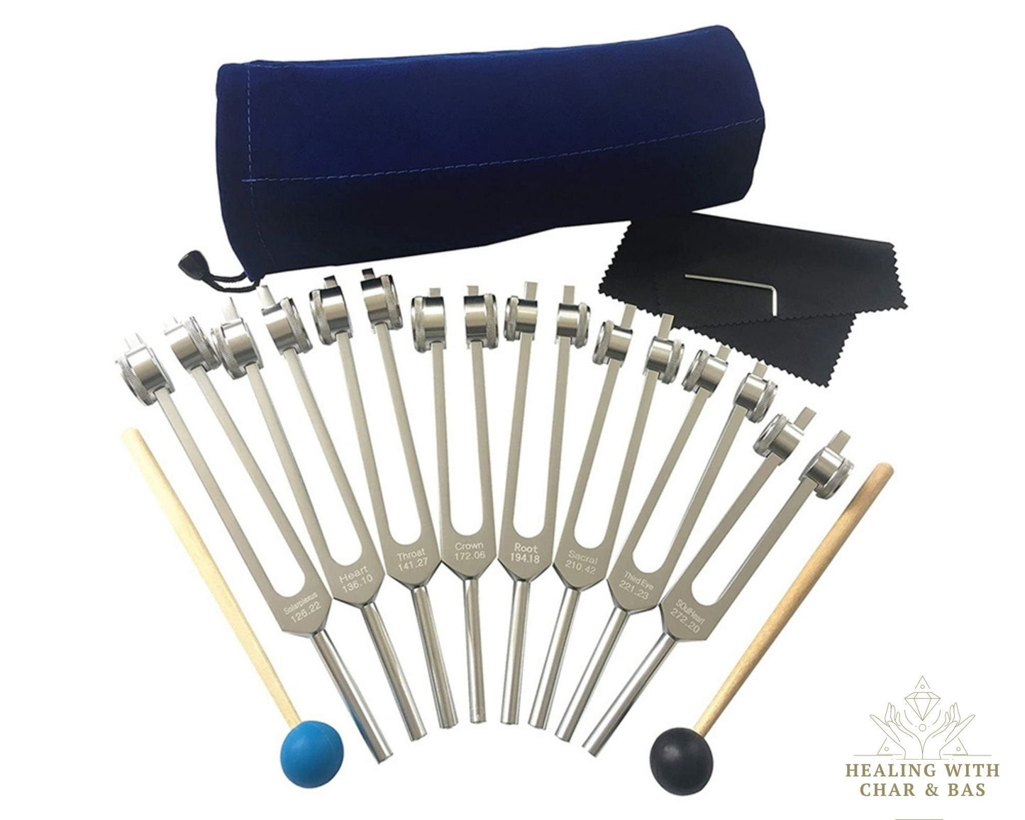 Professional 7 Chakra Healing Tuning Fork Set - Solfeggio Sound Healing - Aluminum Forks with Pouch & Hammers