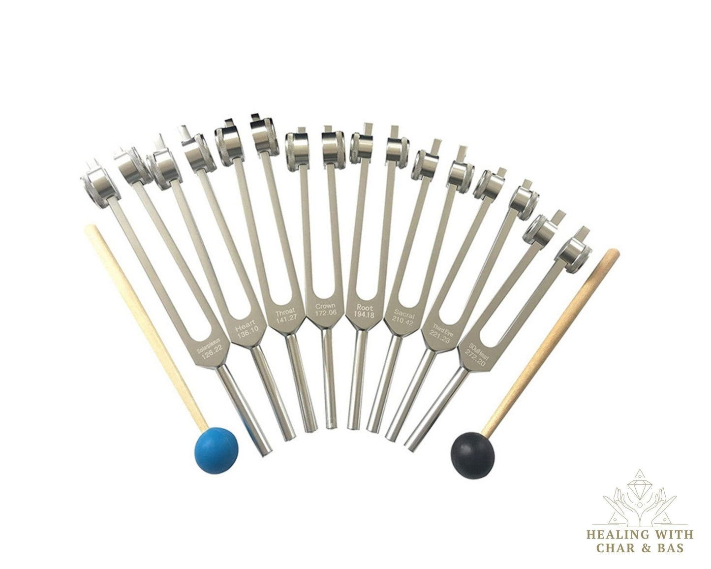 Professional 7 Chakra Healing Tuning Fork Set - Solfeggio Sound Healing - Aluminum Forks with Pouch & Hammers